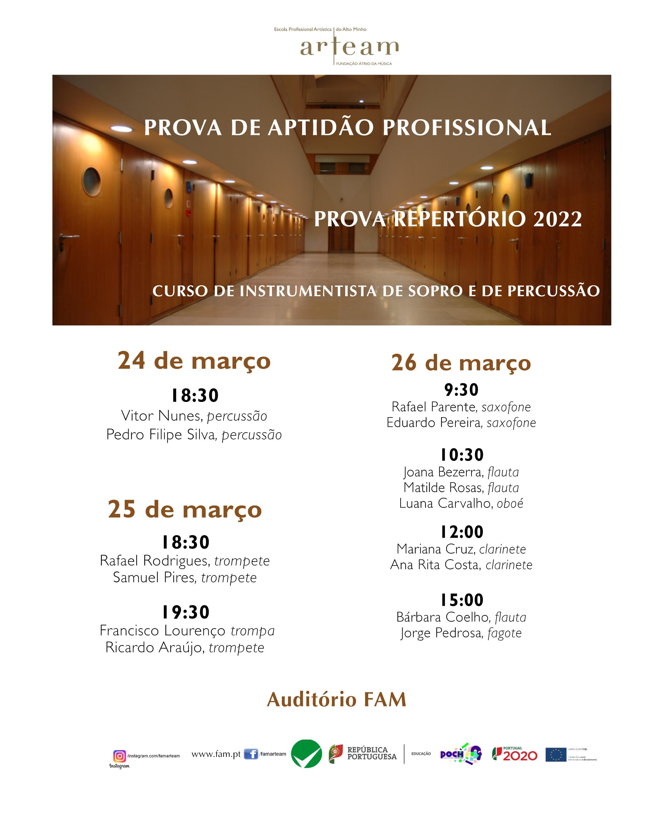 PAP (Prova de Aptidão Profissional) – 12.° ano do Curso de Instrumentista de Sopro e Percussão e de Cordas e Tecla