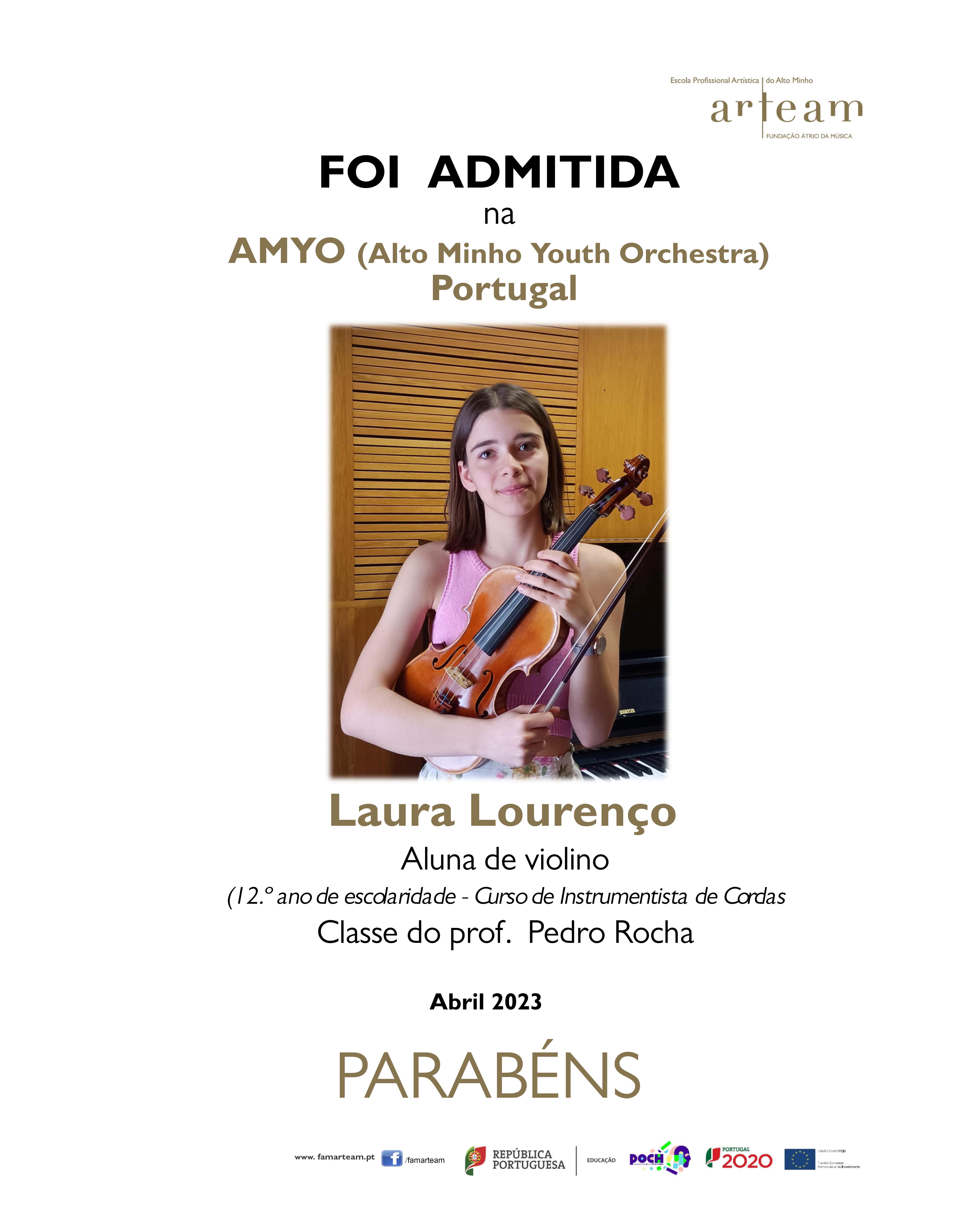 Laura Lourenço, aluna da ARTEAM, selecionada para a Alto Minho Youth Orchestra (AMYO)