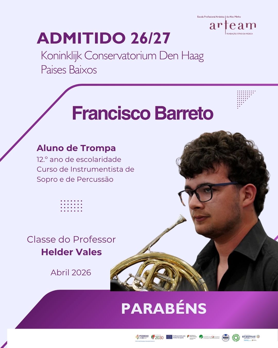 Francisco Barreto admitido no ensino superior, nos Países Baixos 2026